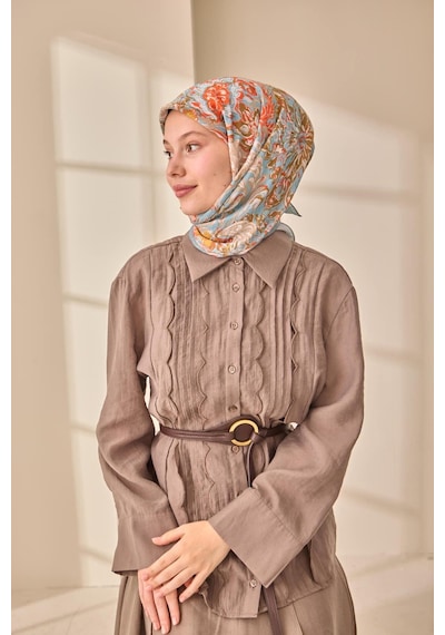 Silk Home Olinda İpek Eşarp 47002-39 Kahve Bej, Bebe Mavi, Hardal, Mercan, Yağ Yeşili