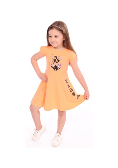 Toontoy Kız Çocuk Baskılı Relax Fit Bisiklet Yaka Kısa Kollu Elbise Turuncu