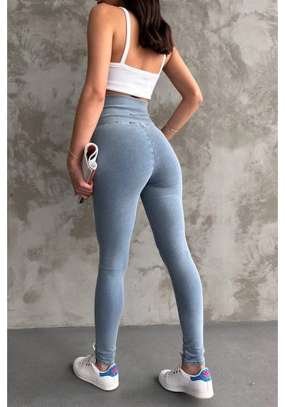 Buz Mavi Ekstra Yüksek Bel Kot Tayt Pantolon Jeggings Buz Mavi