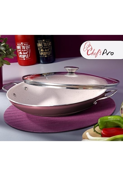 Chefs Pro Granit Efektli Cam Kapaklı Kavurma Sacı 32 Cm