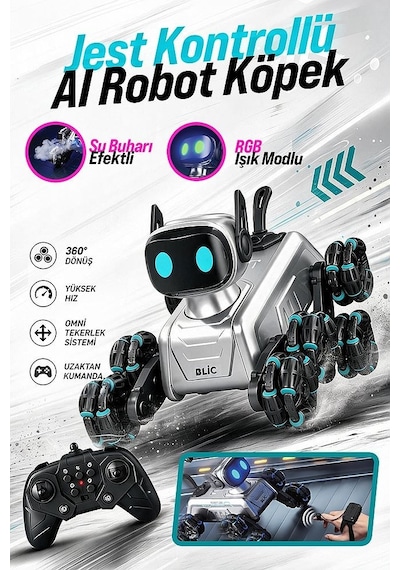 Bagajon Brb2 Aı Akıllı Robot Köpek 2.4ghz Uzaktan Kumandalı Jest Ve Ses Kontrollü 360 Akrobatik Rgb Işıklı Buhar Efektli Şarjlı Oyuncak