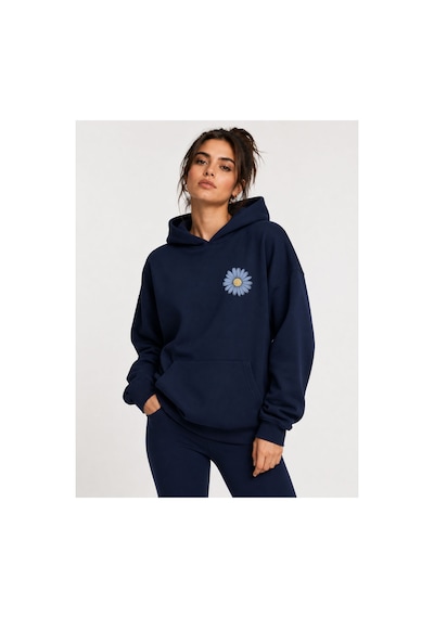 Herkesemoda Papatya Baskılı Kapüşonlu 2 İplik Şardonlu Sweatshirt Lacivert