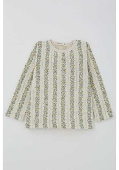 Breeze Kız Bebek Pijama Takımı Mavi Floral Çiçek Desenli Şeritli 9 Ay - 3 Yaş , Ekru