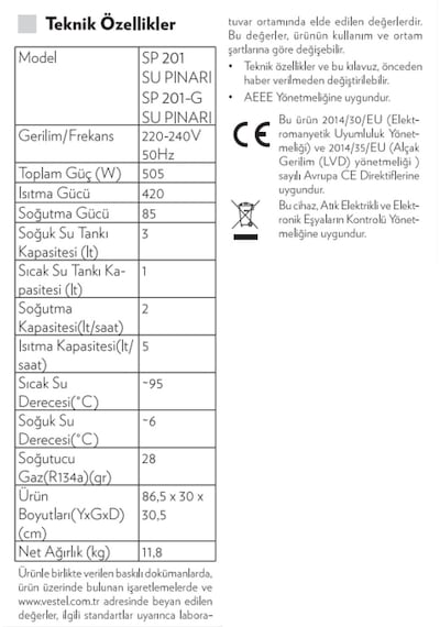 Vestel SP 201 Su Sebili