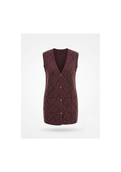 Onno Style Women Kalp Desenli Düğmeli Klasik Çelik Örgü Triko Yelek Bordo