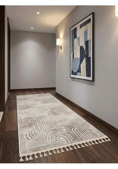 Kaymaz Taban Krem Bej Modern Desenli Yıkanabilir Saçaklı Salon Oturma Odası Mutfak Halı Yolluk