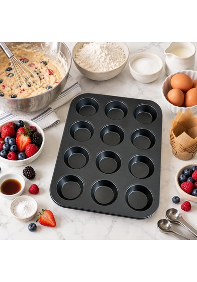 12'li Teflon Muffin Kalıbı Yapışmaz Cupcake Kek Pişirme Tepsisi 12 Gözlü Fırın Kalıbı Sariva Home 12v