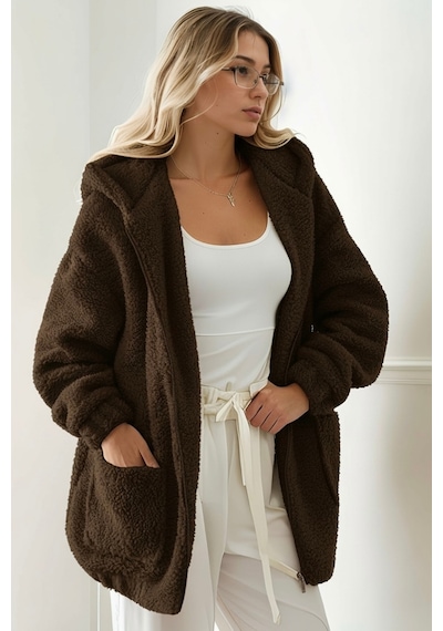 Aclassics Peluş Kuzu Kıvırcık Torba Cepli Kolej Mont Siyah Ks2526 Kahverengi