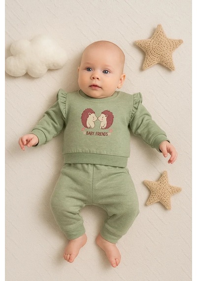 Pekminibebe Kirpi Nakışlı % 100 Pamuk 2'li Kız Bebek Takım Yeşil