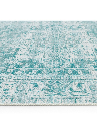 Cool Halı Private Xw Turkuaz Eskitme Desenli Halı Etnik Desenli Otantik İnce Vintage Salon Halısı