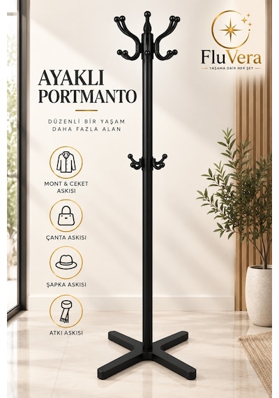 Ayaklı Portmanto Çoklu Kancalı Elbise Askılığı Mont Kaban Çanta Şapka Askısı Antre Askılık Siyah