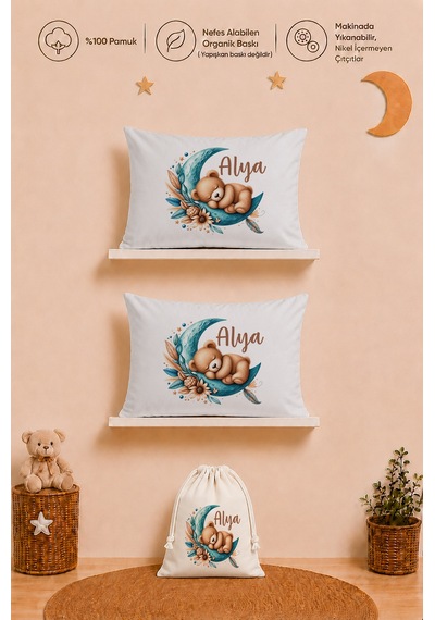 İsme Özel Kız Bebek Hediyesi 2 Adet 35x45 %100 Pamuk Yastık Kılıfı Ve Ham Bez Bebek Kıyafet Kesesi 1012y2k3x