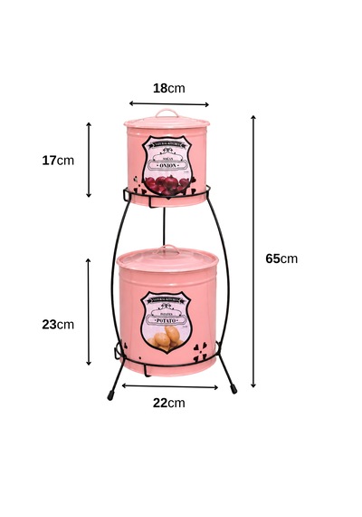 2 Katlı Pembe Metal Patates Soğanlık Kovası Çeyizlik Sebzelik Saklama Kabı - Pembe