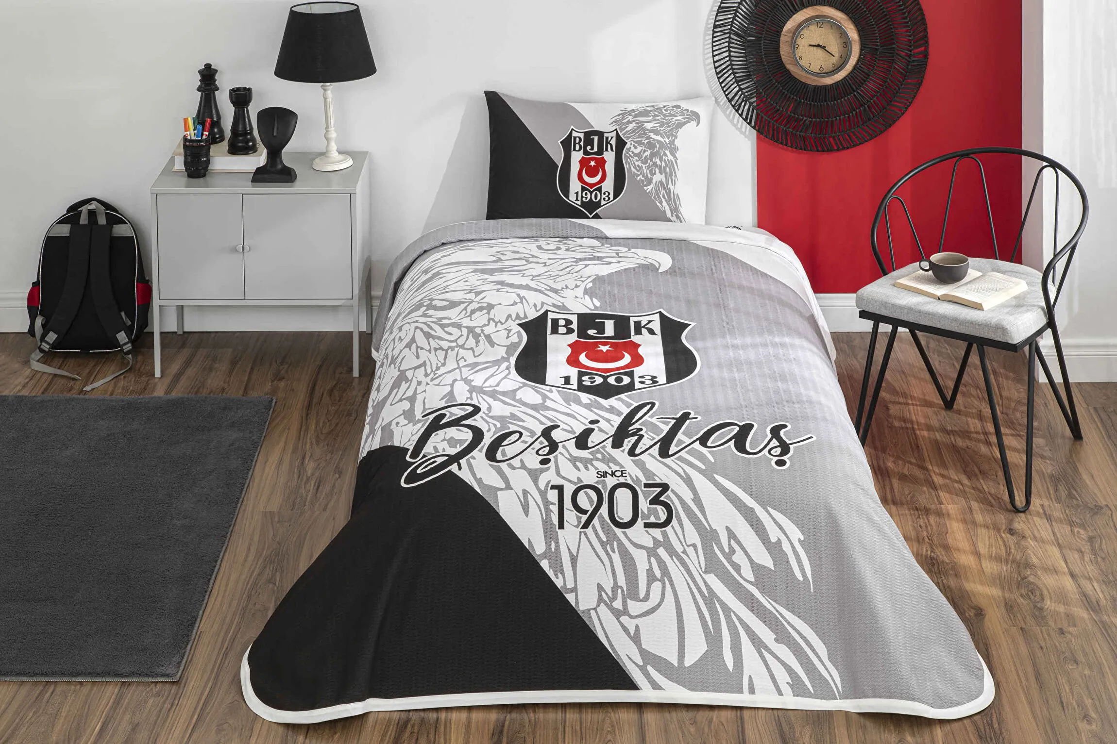 Taç Lisanslı Beşiktaş Sınce 1903 Tek Kişilik Pike Takımı Siyah