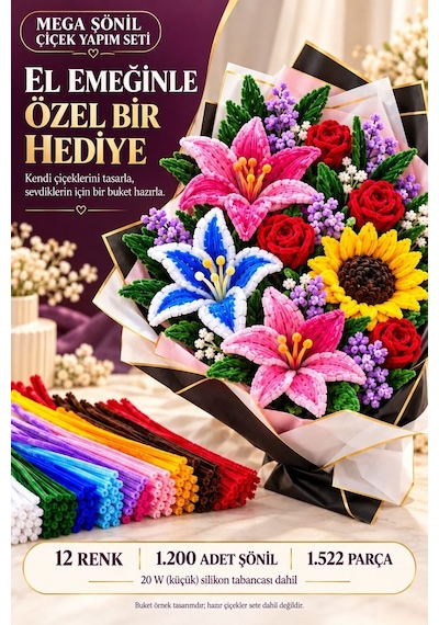 Mega Şönil Çiçek Yapım Seti - 1522 Parça, 12 Renk Silikon Tabancalı Buket Kağıtlı Dıy Hobi Kiti