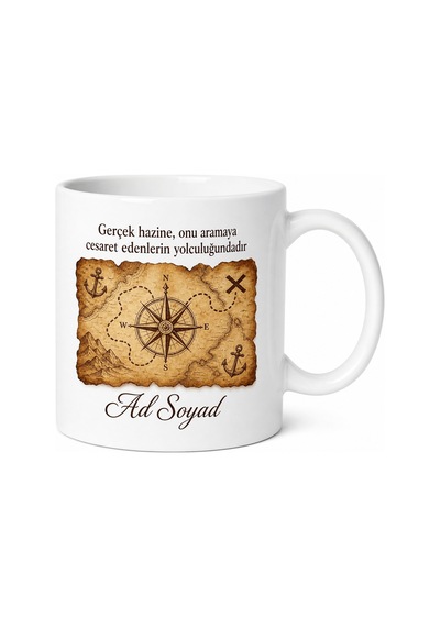 Hazine Haritası Temalı Baskılı Kupa Bardak Hediye Porselen Mug Beyaz / Çok Renkli