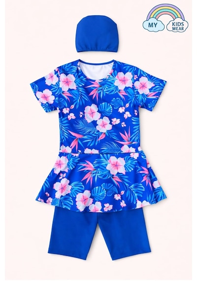 My Kids Wear Kız Çocuk Desenli Şortlu Bone Li Mayo Takımı 12570 Mavi