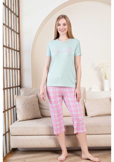 Monox Kadın Perfectly Baskılı Bermuda Kısa Kol Pijama Takımı Yeşil