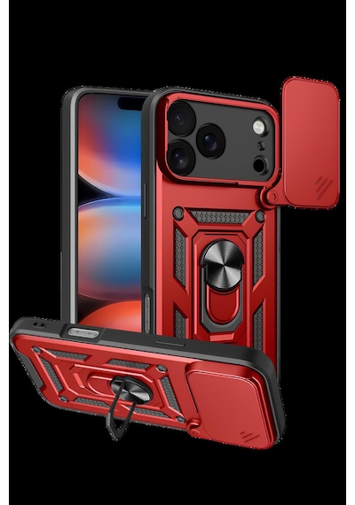 Apple Uyumlu iPhone 17 Pro Max Kılıf Sürgülü Kamera Korumalı Yüzüklü Stand Olabilen Magnetic Tpu Tank Kapak