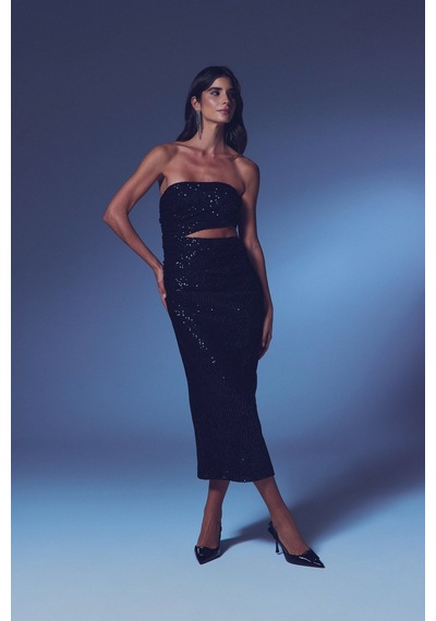 Sateen Bel Dekolteli Payet Elbise - Siyah-135406 Siyah