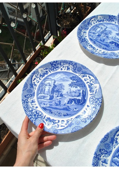 6'lı Özel Tasarım Premium Seramik 26 Cm Servis Tabağı Takımı Mavi İkram Tabak Sunum -old Town Lacivert