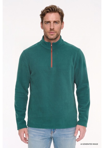 Ac&Co / Altınyıldız Classics Erkek Yesıl Sıcak Tutan Standart Fit Normal Kesim Bato Yaka Çift Fleto Cepli Sweatshirt Polar