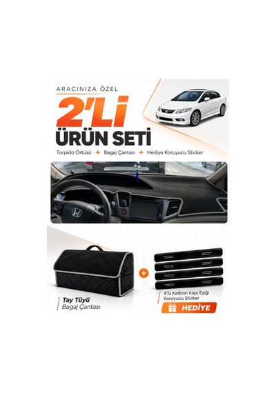 Honda Cıvıc Fb7 2011-2015 Uyumlu Torpido Örtüsü + Tay Tüyü Bagaj Çantası + Sticker - Siyah Gri