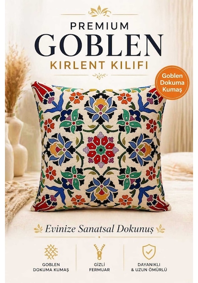 Goblen Çini Lale Desen Kırlent Kılıf Renkli