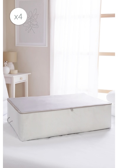 Ocean Home Textile 4'lü Mega Boy Gri Çizgili Stuff & Things Baza Altı Hurç Set 74 X 46 X 22 Cm Gri