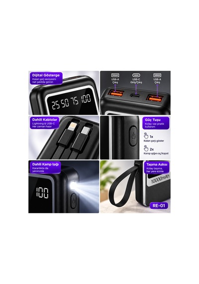 10000 Mah Powerbank 2 Usb Çıkışlı Dahili Type-c Ve Lightning Kablolu Led Işıklı Dijital Göstergeli- Re-01 Diğer