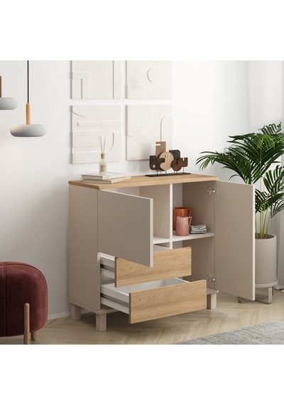 Robin Home Urban Çok Amaçlı Dolap Ahşap Ayaklı 2 Kapaklı 2 Çekmeceli Kumsal-sepet Bej