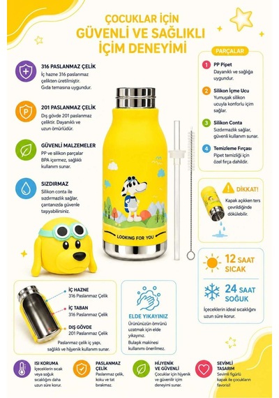 Koı Sarı Köpek 500 Ml Paslanmaz Çelik-pipetli Çocuk Termosu Ve Suluk Sarı Sarı
