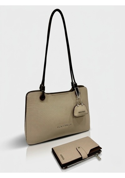 Just Polo Kadın Büyük Boy Premium Gümüş Logolu El Çantası Ve Cüzdanı Kombin Tote Bag Ebat : 22 X 34 Cm Kum - Kahverengi