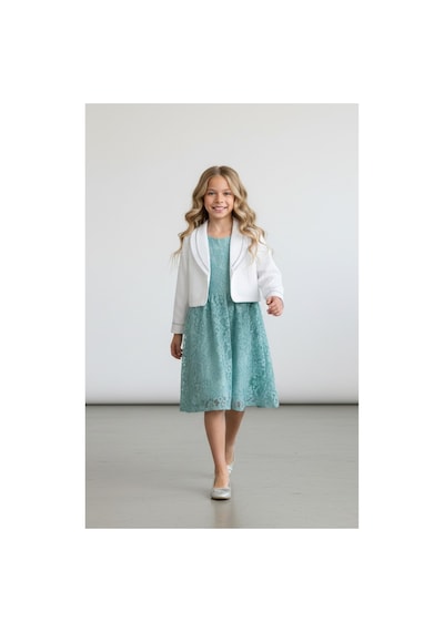 Fesshera Kids Kız Çocuk Dantel Elbise Bolero Ceket Takım 9-12 Yaş Turkuaz