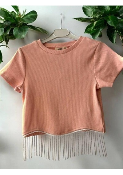Zekids Kız Çocuk Zincirli Fitilli Crop T-shirt-14396 Somon