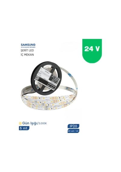 24 Volt 2835 Samsung 60 Led 3000 K Günışığı İç Mekan 5 Metre Şerit Led