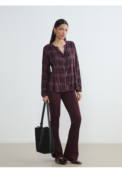 Lcw Everyday Bordo Kaçık Yaka Ekose Oversize Bluz