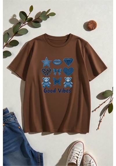 Uyguntarz Unisex Good Vibes Baskılı Tasarım Tshirt Kahverengi
