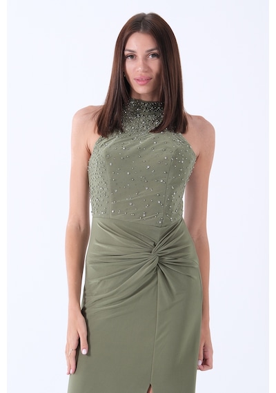 Feminist Haki Halter Yaka Üzeri Taş İşlemeli Straplez Abiye 9705668