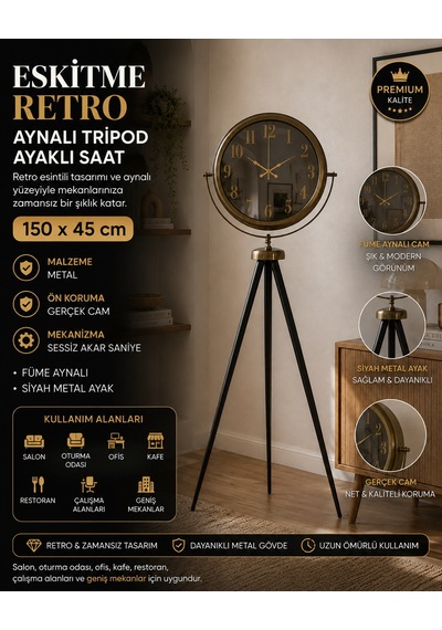 Eskitme Retro Aynalı Tripod 150 X 45 Cm Ayaklı Saat