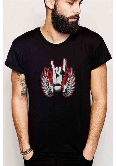 Rock Hand Kanat Baskılı Siyah Erkek Tshirt