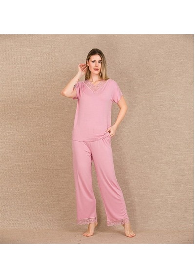 Red Womans Viskon Şık Tasarım Dantel İşlemeli Pembe Kısa Kol Pijama Takımı