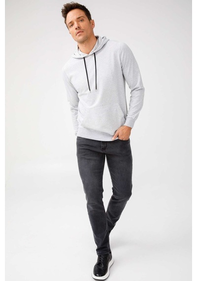 Igs İgs Erkek A.gri Modernfıt / Ekstra Dar Kalıp Kapşonlu Fermuarsız Sweatshirt Açık Gri