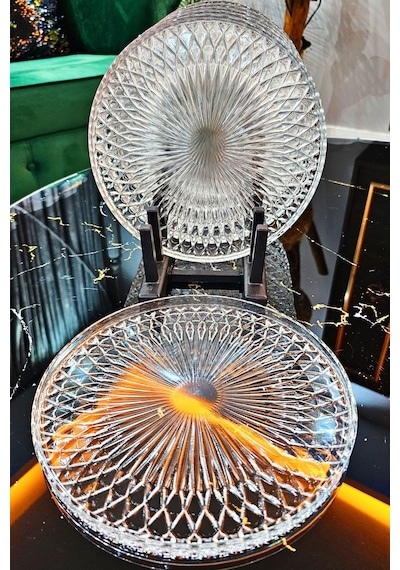 6 Lı Cam Kek Pasta Tabağı Seti 21 Cm Cam Pasta Sunum Tabağı - Şeffaf Beyaz