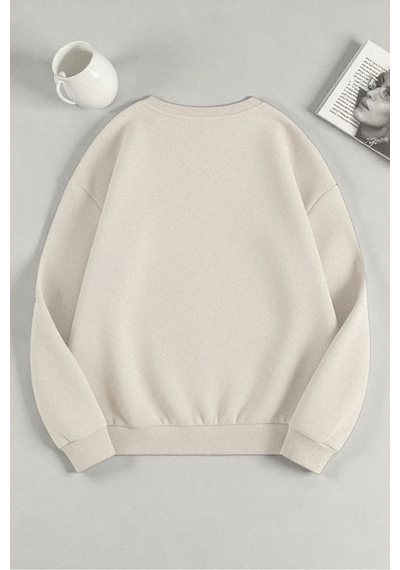 Uyguntarz Unisex Leopar Desenli Tasarım Baskılı Bisiklet Yaka Sweatshirt Bej