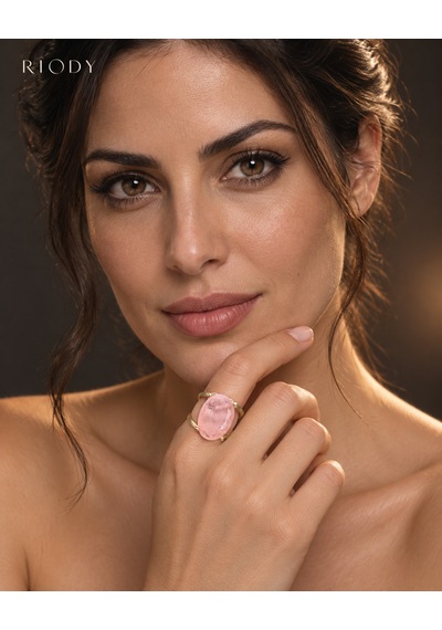 Riody Regard Rose Gold Kaplama Pembe Kedi Gözü Doğal Taşlı Ayarlanabilir Kadın Yüzük Sarı Altın