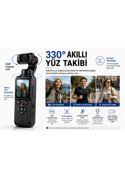 4k Vlog Kamerası 64mp 2 Eksen Mekanik Gimbal 330 Akıllı Yüz Takibi 1.7'' Hd Dokunmatik Ekran Wifi Webcam Type-c