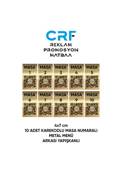 Gold Alüminyum 10 Adet Masa Numaralı Qr Karekodlu Kafe Restoran Menü Arkası Yapışkanlı 4x7 Cm