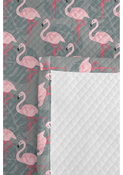Flamingo Pembe Genç Odası Tek Kişilik Pike Takımı - Tropikal Gri 160x220 Cm Kapitone Yatak Örtüsü Haki