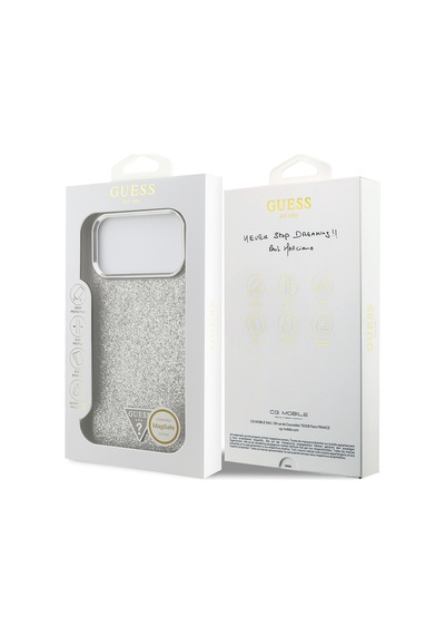 Apple Uyumlu iPhone 17 Pro Max Kılıf Guess Lisanslı M-safeli Metal Kamera Çerçeve Üçgen Logolu Glitter Gri Gri